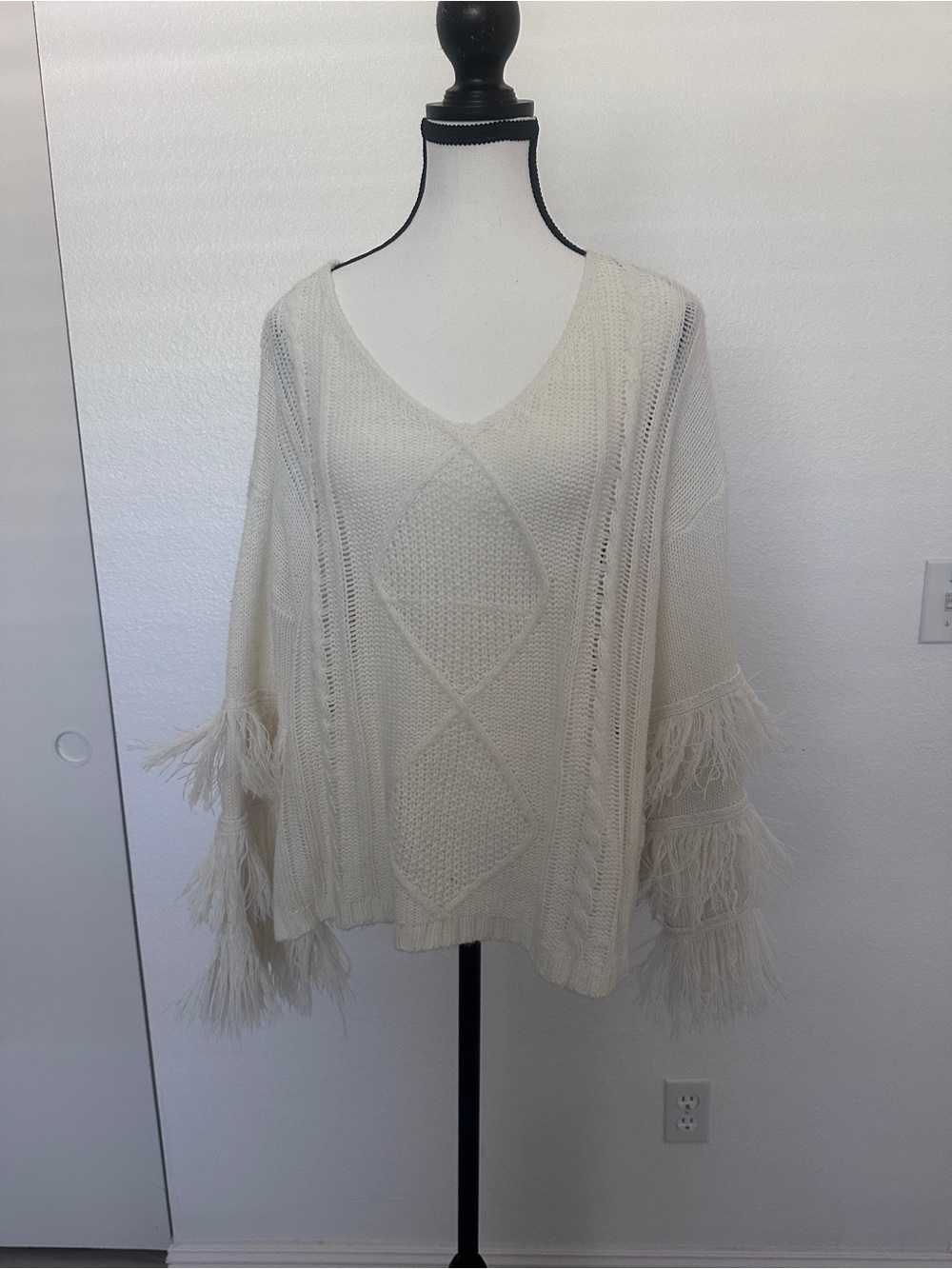Cream Fringe-Sleeve Knit Scoop-Neck Sweater